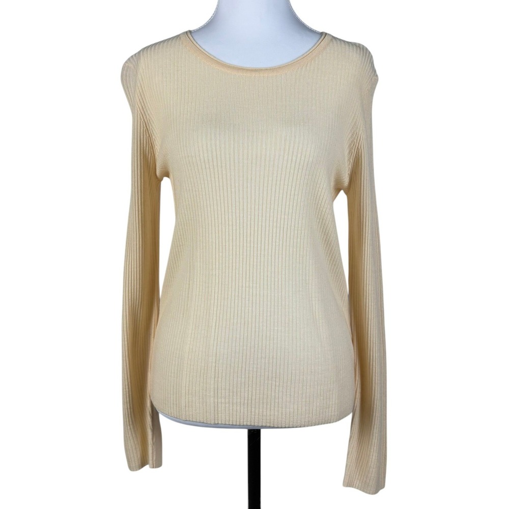 Eileen Fisher 100% Merino Wool Sweater Top Womens‎ M Cream Rib Knit Lightweight